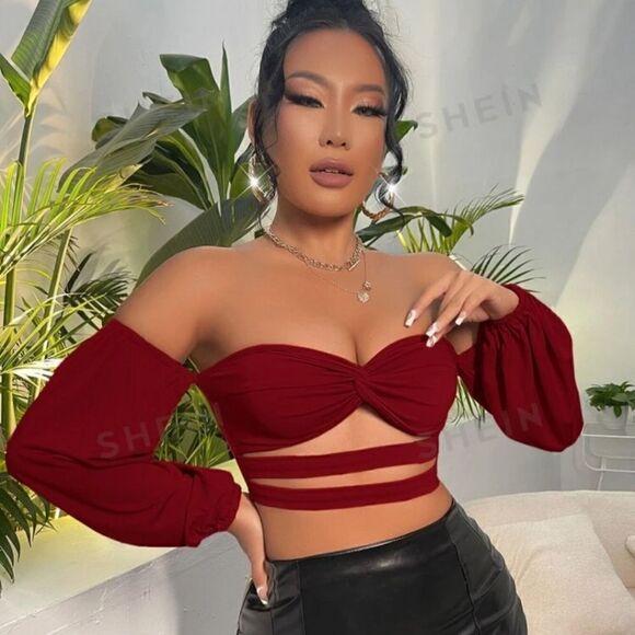 Sxy Burgundy Off The Shoulder Twist Front Cutout Crop Top - Picture 1 of 10